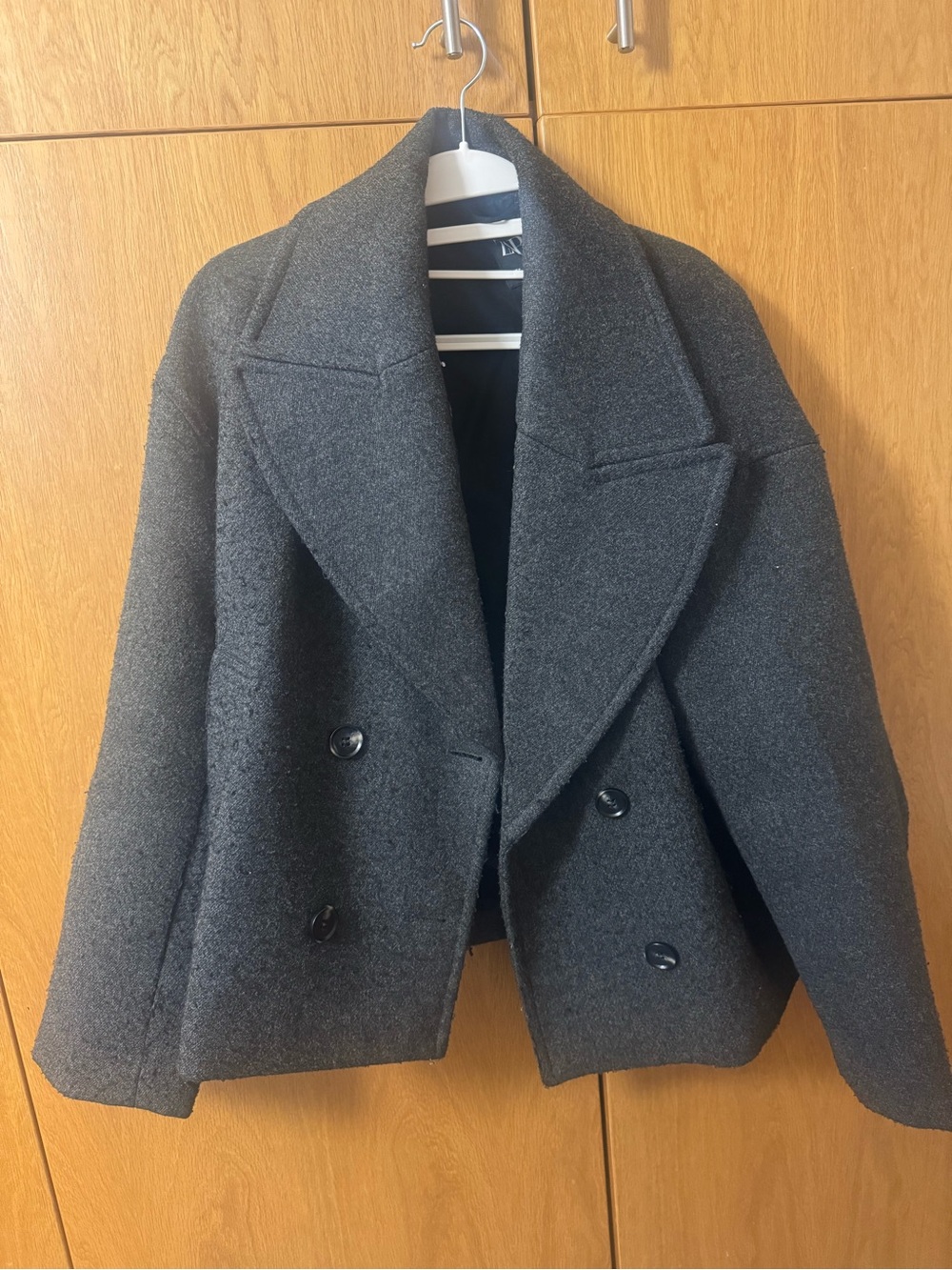 Zara Dark Gray Wool Blend Double-Breasted Pea Coat